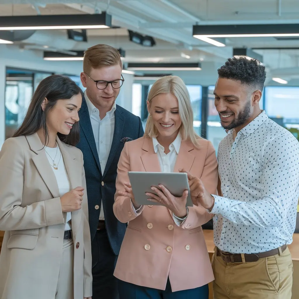 Confiança e Expertise: Equipe Valoriza Leilões Aconselhando Cliente na Compra do Imóvel Ideal. Equipe da Valoriza Leilões, composta por corretores de imóveis sorridentes e profissionais, reunida em seu escritório moderno com um cliente satisfeito. O cliente, também sorridente, segura as chaves do seu novo imóvel, simbolizando a concretização de um sonho com o auxílio da Valoriza Leilões