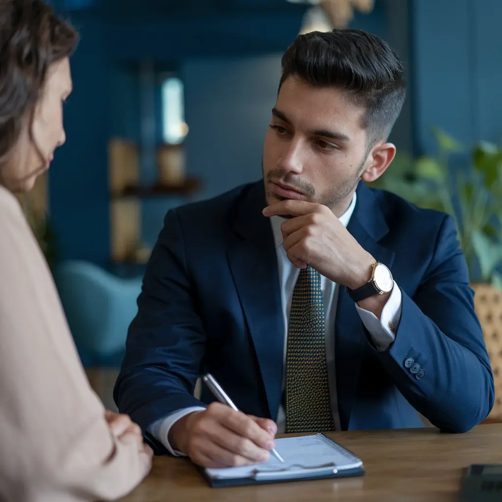 Consultor da Valoriza Leilões em reunião com um cliente, coletando informações sobre seus objetivos e necessidades para encontrar o imóvel ideal em leilão.