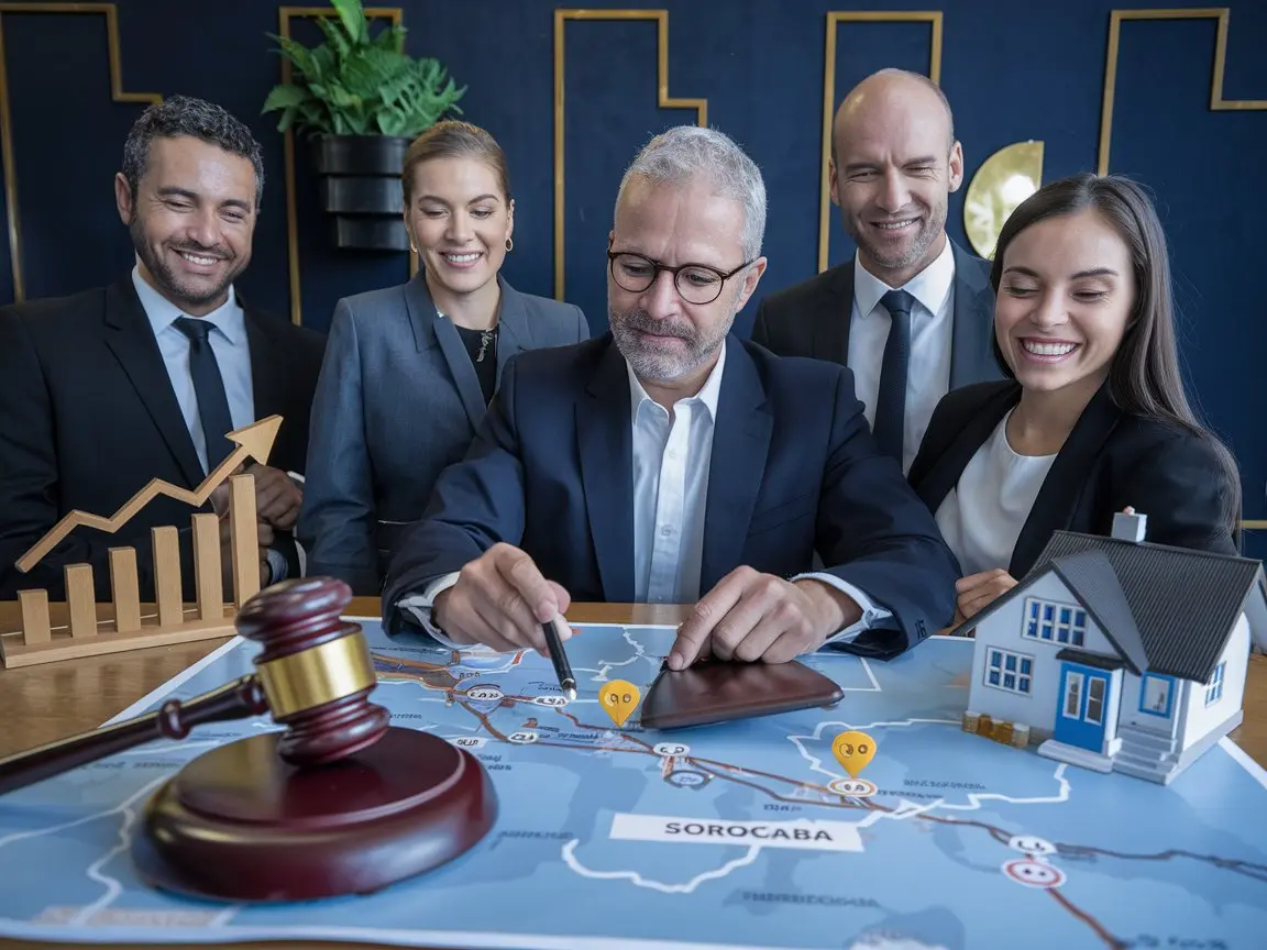 Valoriza Leilões: Referência em Leilões de Imóveis em Sorocaba Consultores da Valoriza Leilões analisando o mapa de Sorocaba com imóveis marcados, representando oportunidades em leilões. A logo da empresa está sobreposta ao mapa, transmitindo sua forte presença na região. Um martelo de juiz e um gráfico de crescimento simbolizam os leilões e a valorização dos imóveis. Na lateral, um casal sorridente celebra a conquista da casa própria.